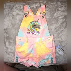 3/$30 NWT Little Lass 12 Months Tie Dye Sequin Unicorn Heart Rainbow Overalls